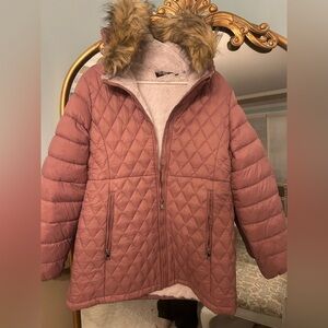 bebe Quilted Mauve Puffer Jacket with Faux Fur Hood